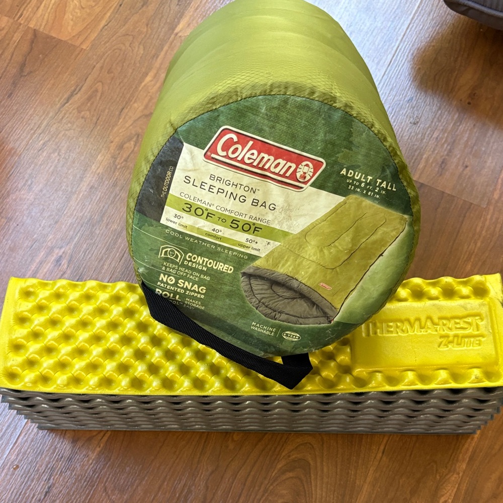 Coleman Olive Sleeping Bag with Therm-a-Rest Yellow Pad